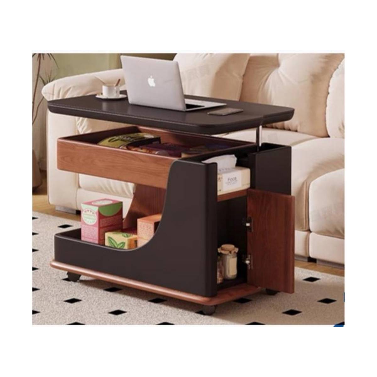 Mobile side cabinet with lowered tabletop and open side door revealing storage compartments