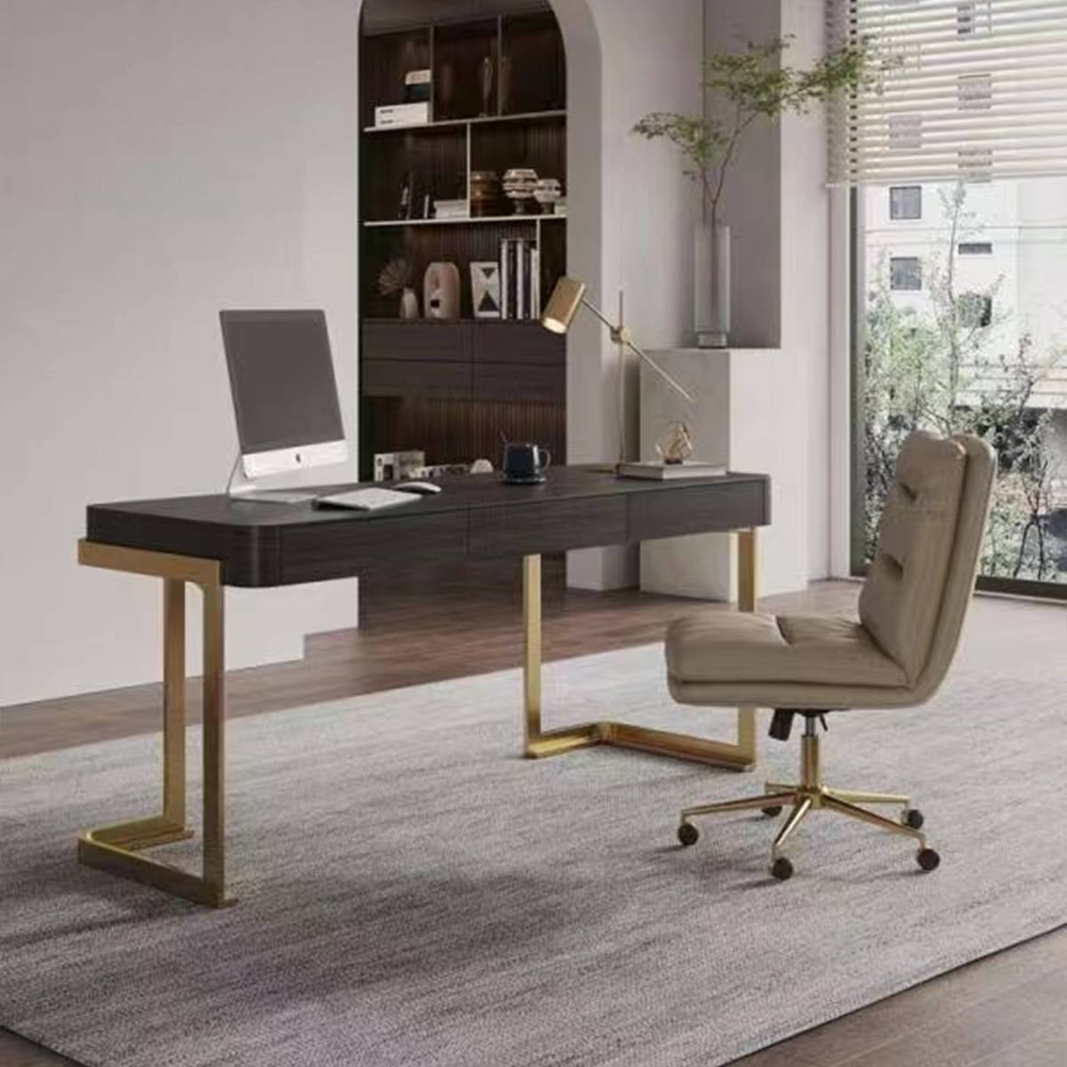 Smoked wood desk with gold metal legs and matching chair