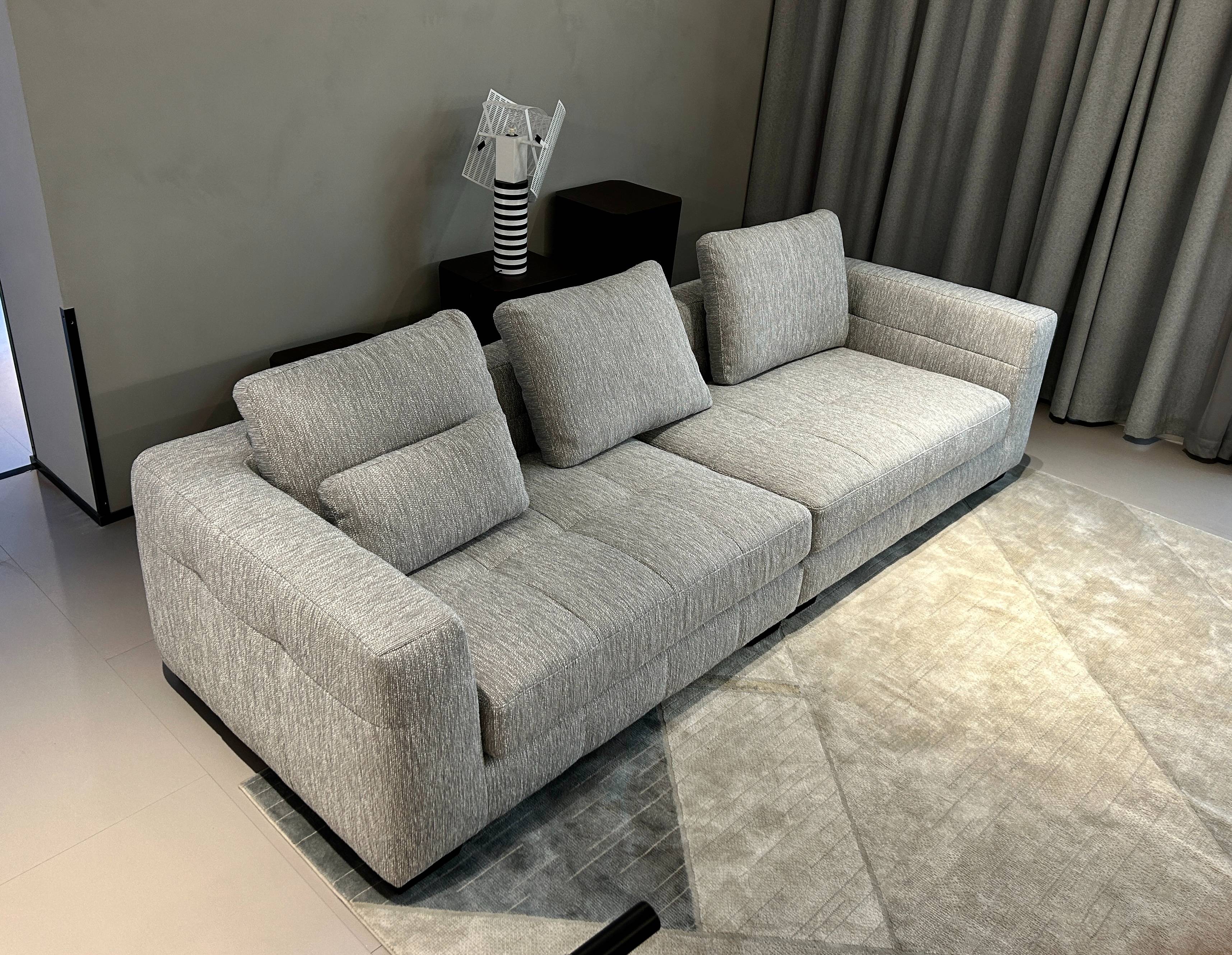 Full view of the grey 4-seater modular sofa in a modern living room setting, placed on a patterned rug.