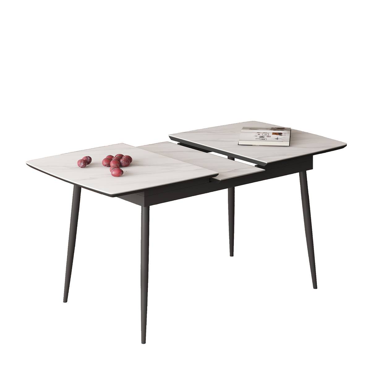 Extendable dining table with sintered stone top and black steel legs