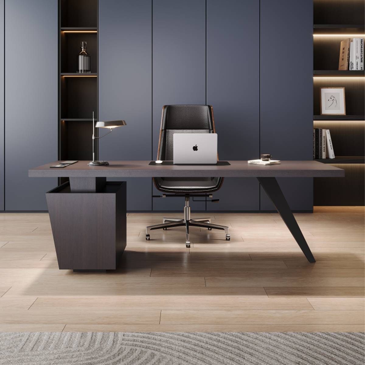 Front view of the Z47 desk showing the central pedestal and stainless steel leg.