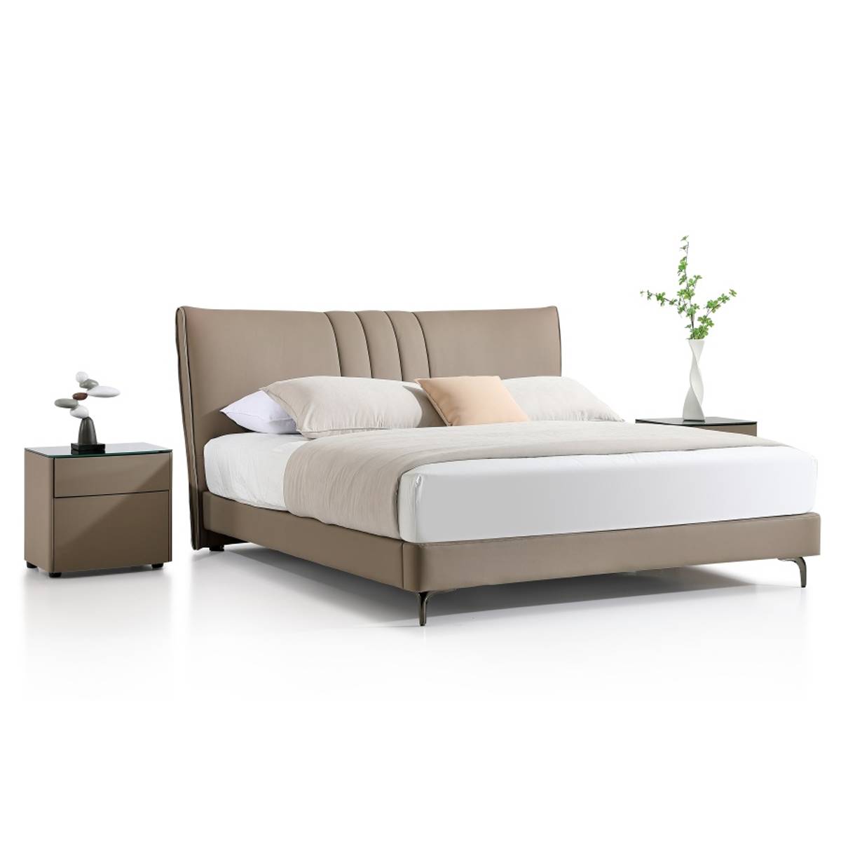 Side view of the beige upholstered bed showing the frame and legs