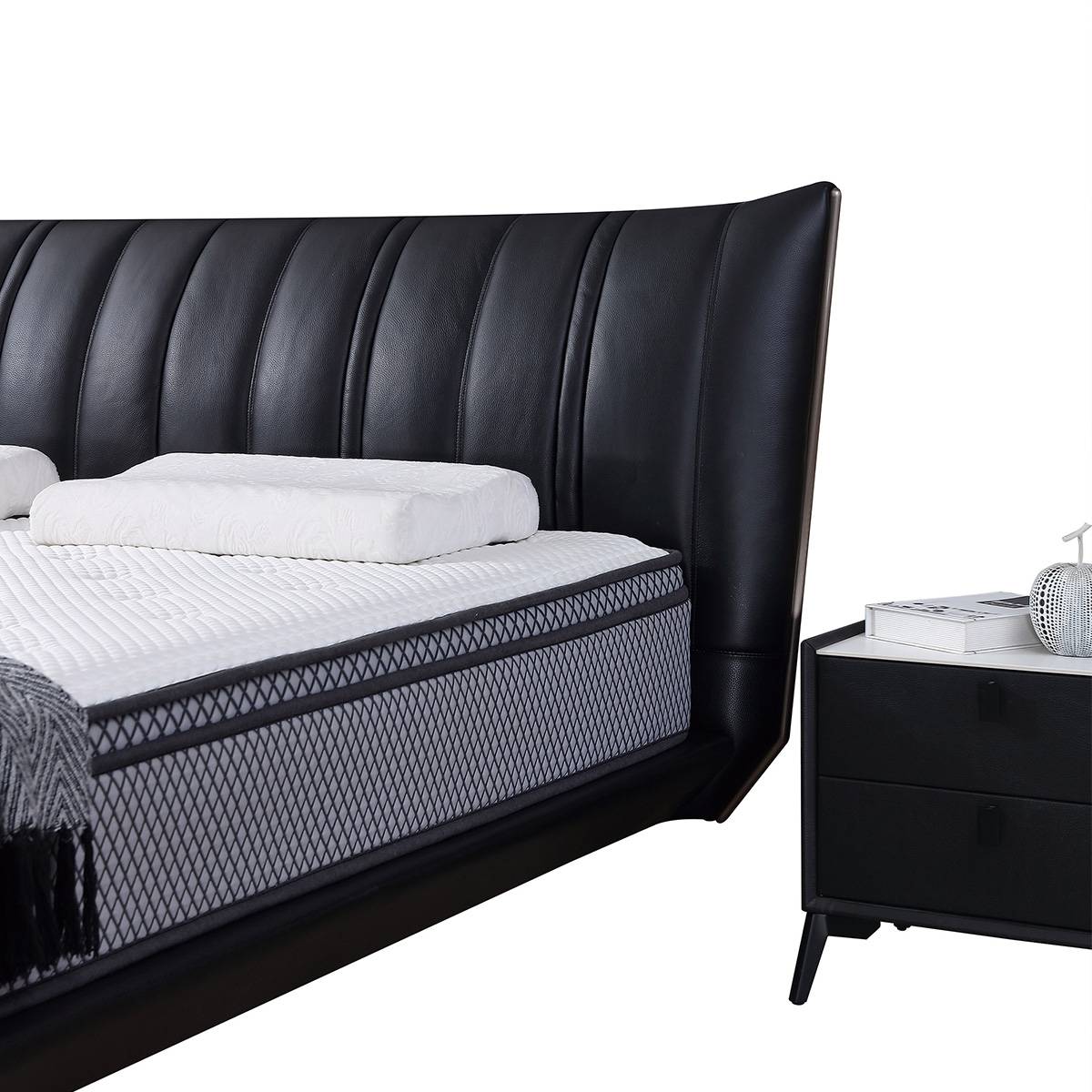 Side angle view showing the mattress and slat base structure