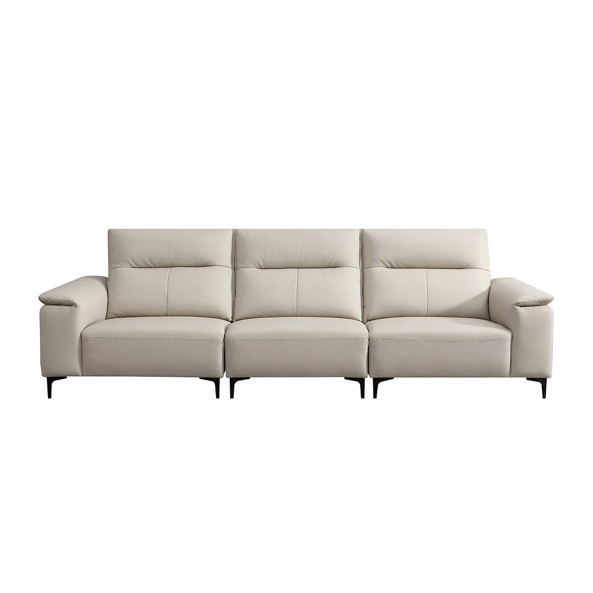 Front view of beige leather sofa on white background