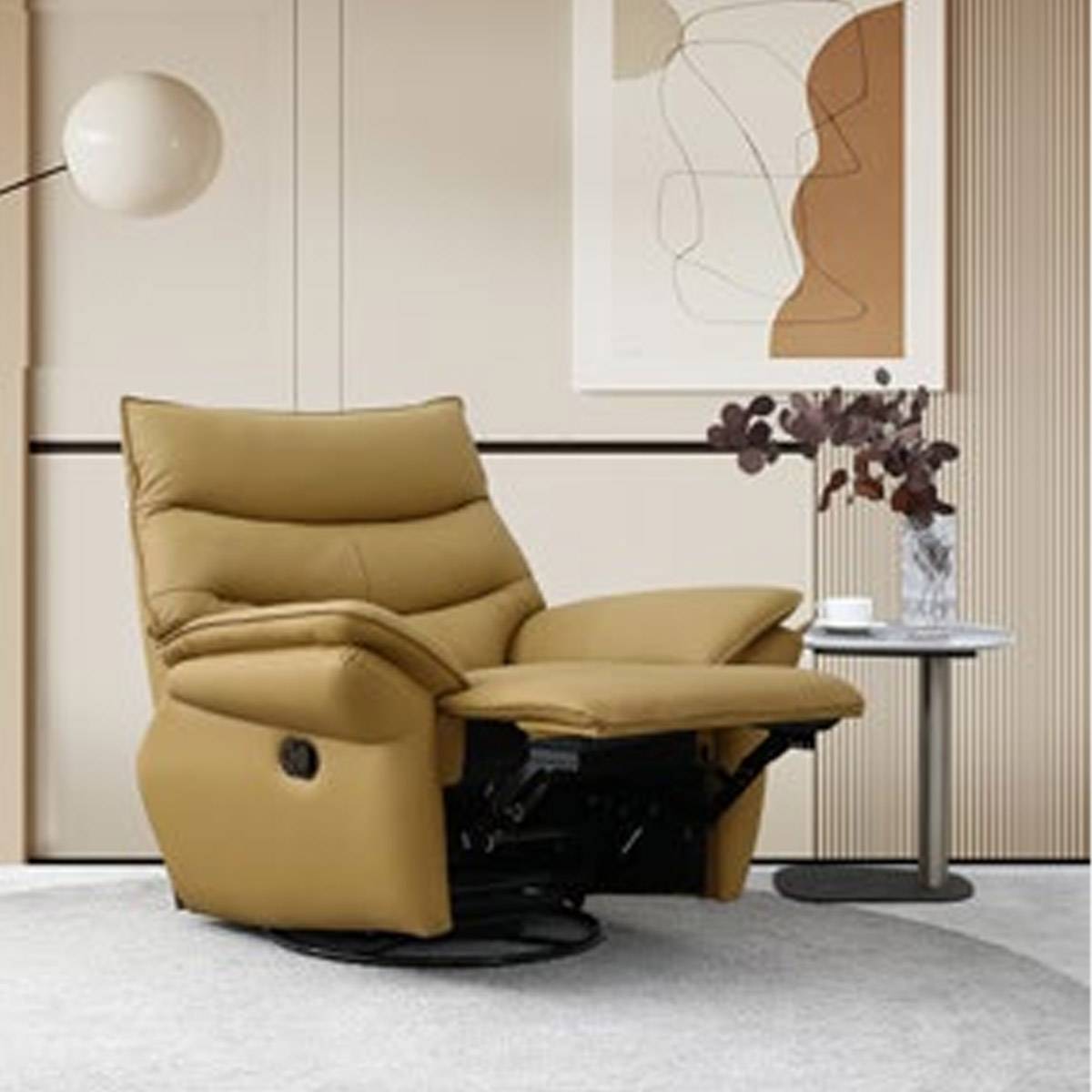 Tan leather recliner chair shown in fully reclined position revealing the mechanism