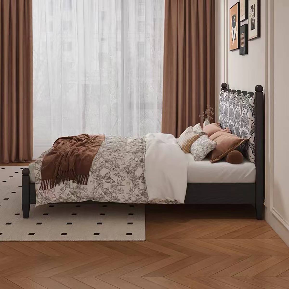 Bedroom scene featuring the mid-century wavy bed with brown throw and patterned bedding