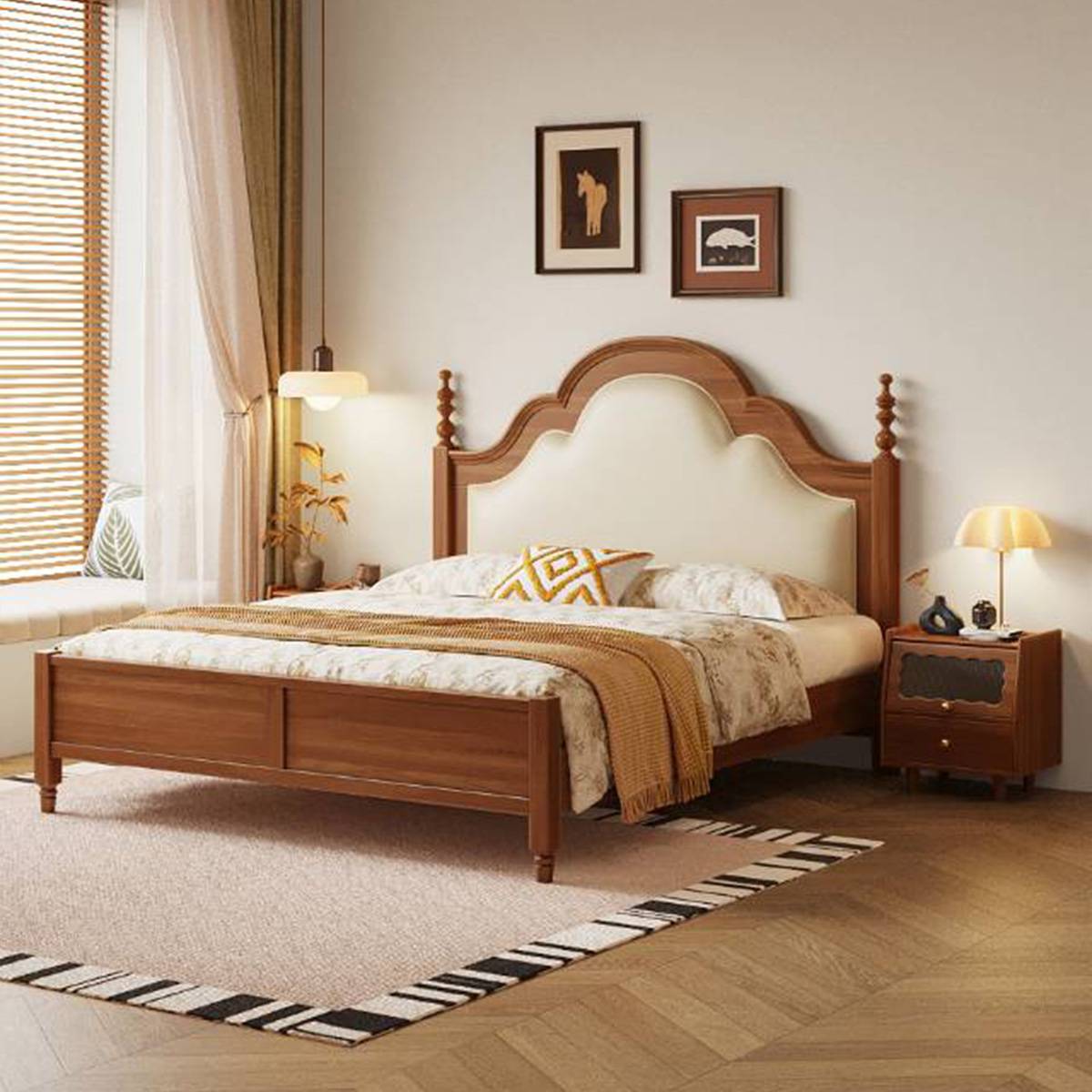Cherry wood frame mid-century bed with cream leather headboard in a bedroom setting