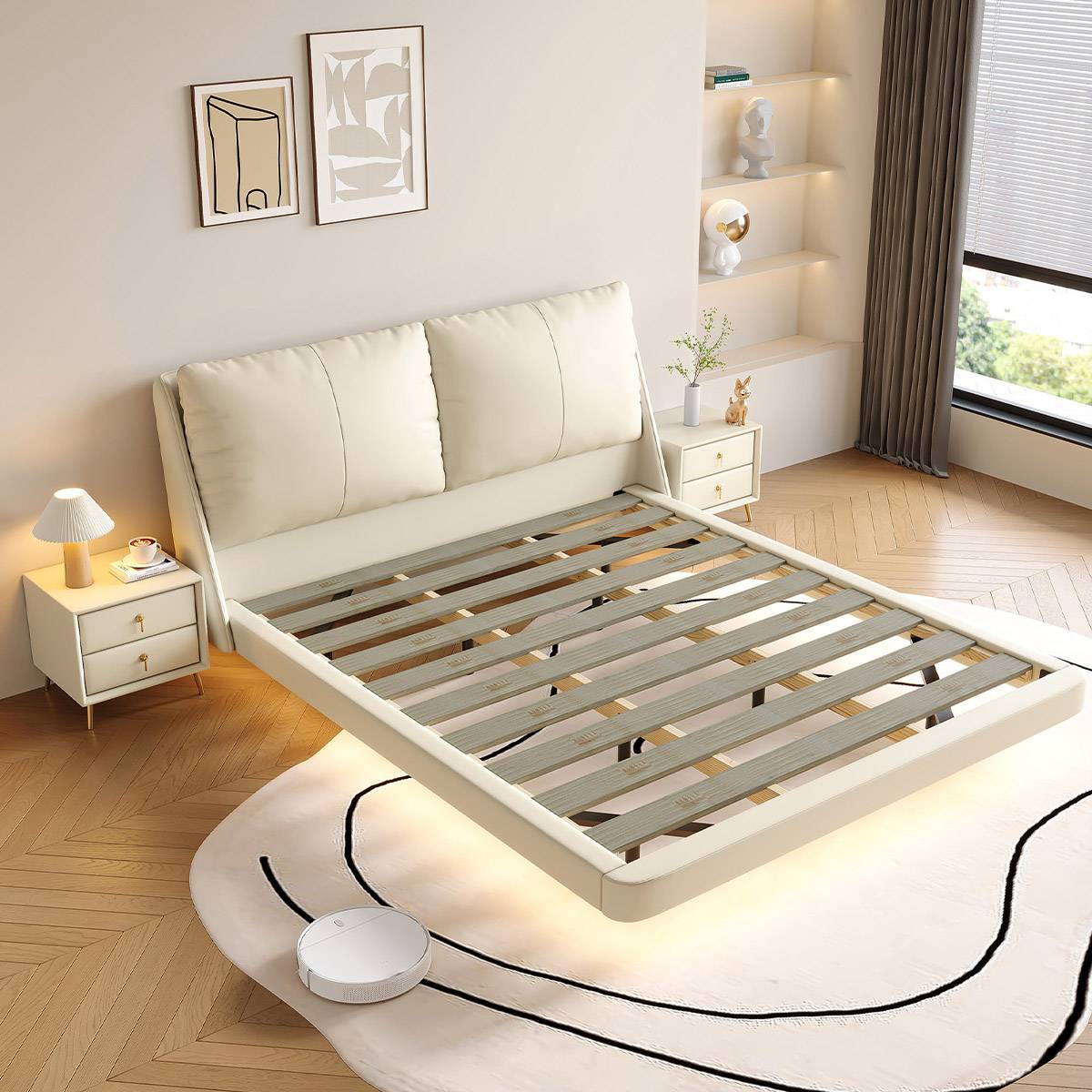High-angle view showing the wooden slat base and frame structure of the floating bed
