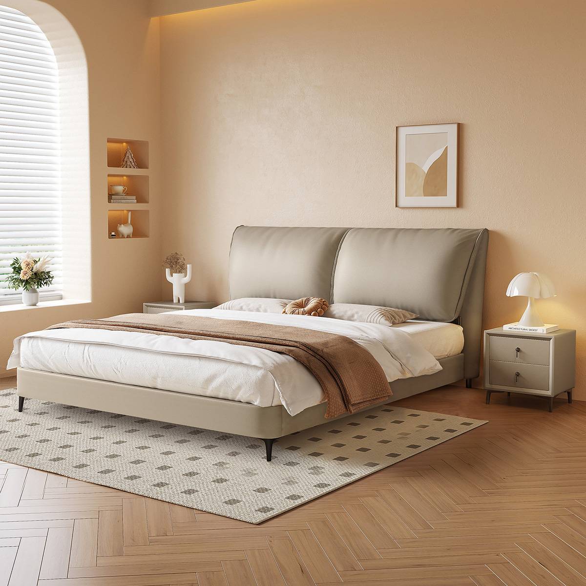 Beige eco-leather soft bed with elephant ear headboard in a modern bedroom setting