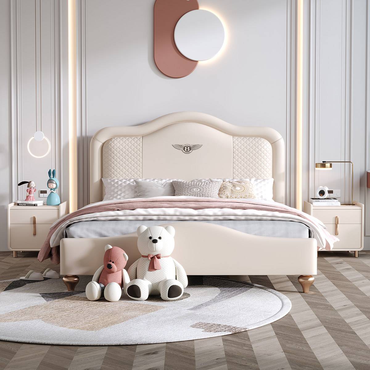 Front view of the bed highlighting the headboard design and bedding.