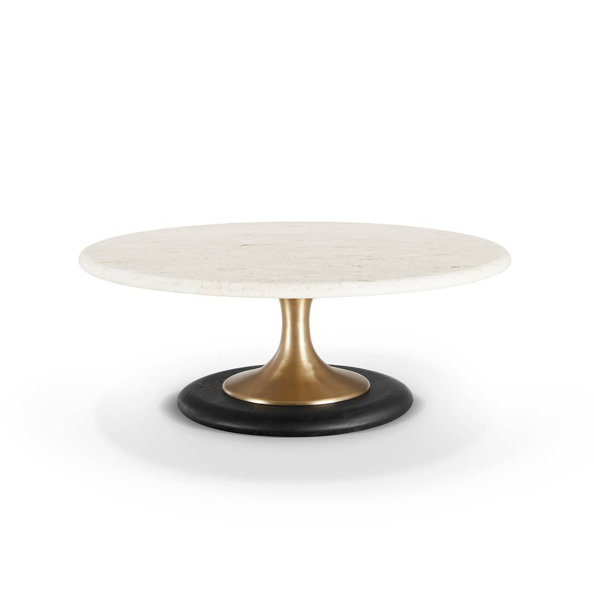 Close-up of the round marble coffee table with gold pedestal and black base