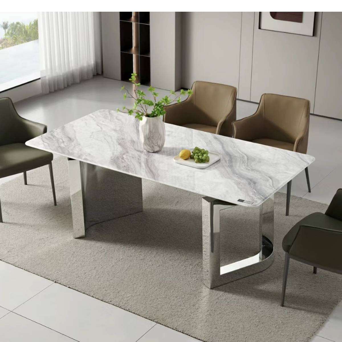 White marble dining table with natural stainless steel base