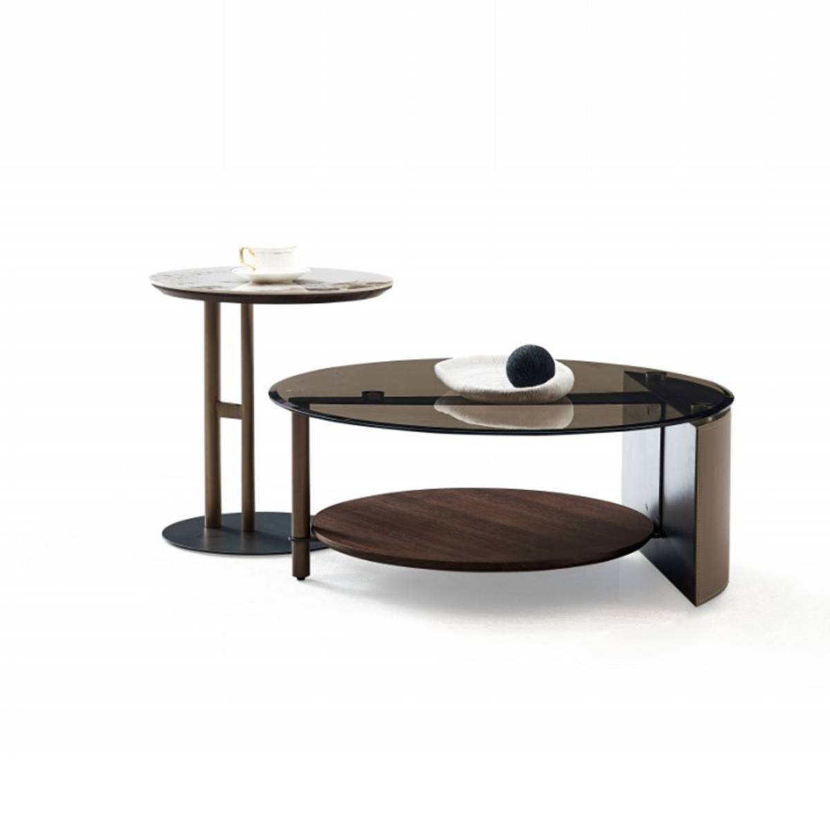 Front view of the round coffee table showing the glass top, metal legs, and lower wooden shelf.