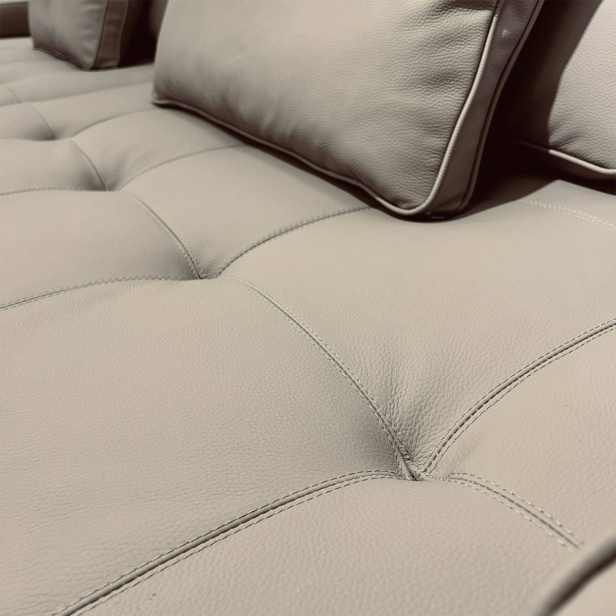 Detail shot of the leather texture and cushion seams