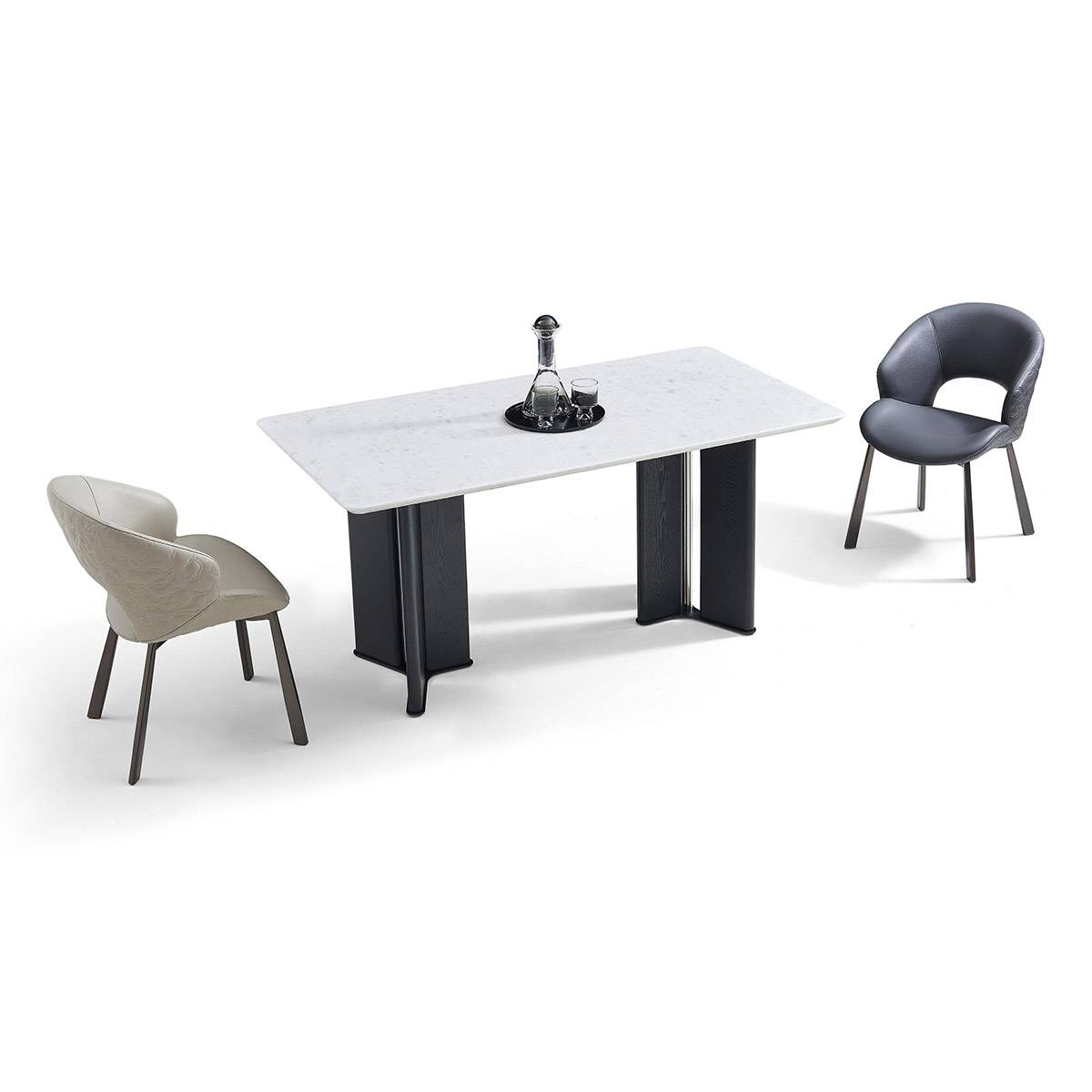 High angle view of the dining table with chairs