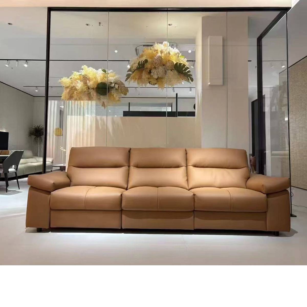 Front view of the tan 3-seater functional sofa