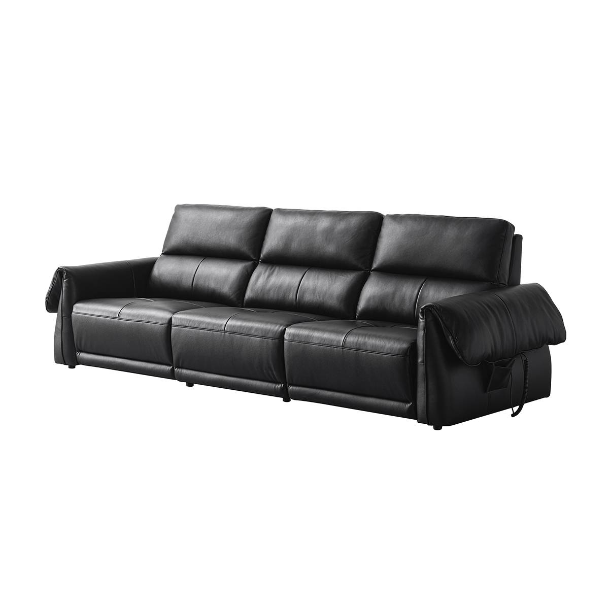 Three-quarter view of the black leather sofa