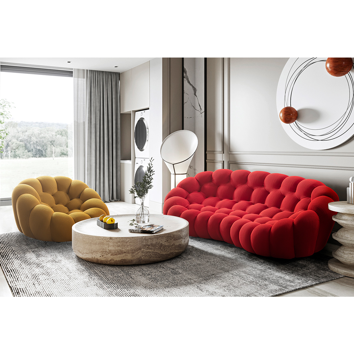 Red bubble sofa in a modern living room setting with a yellow armchair