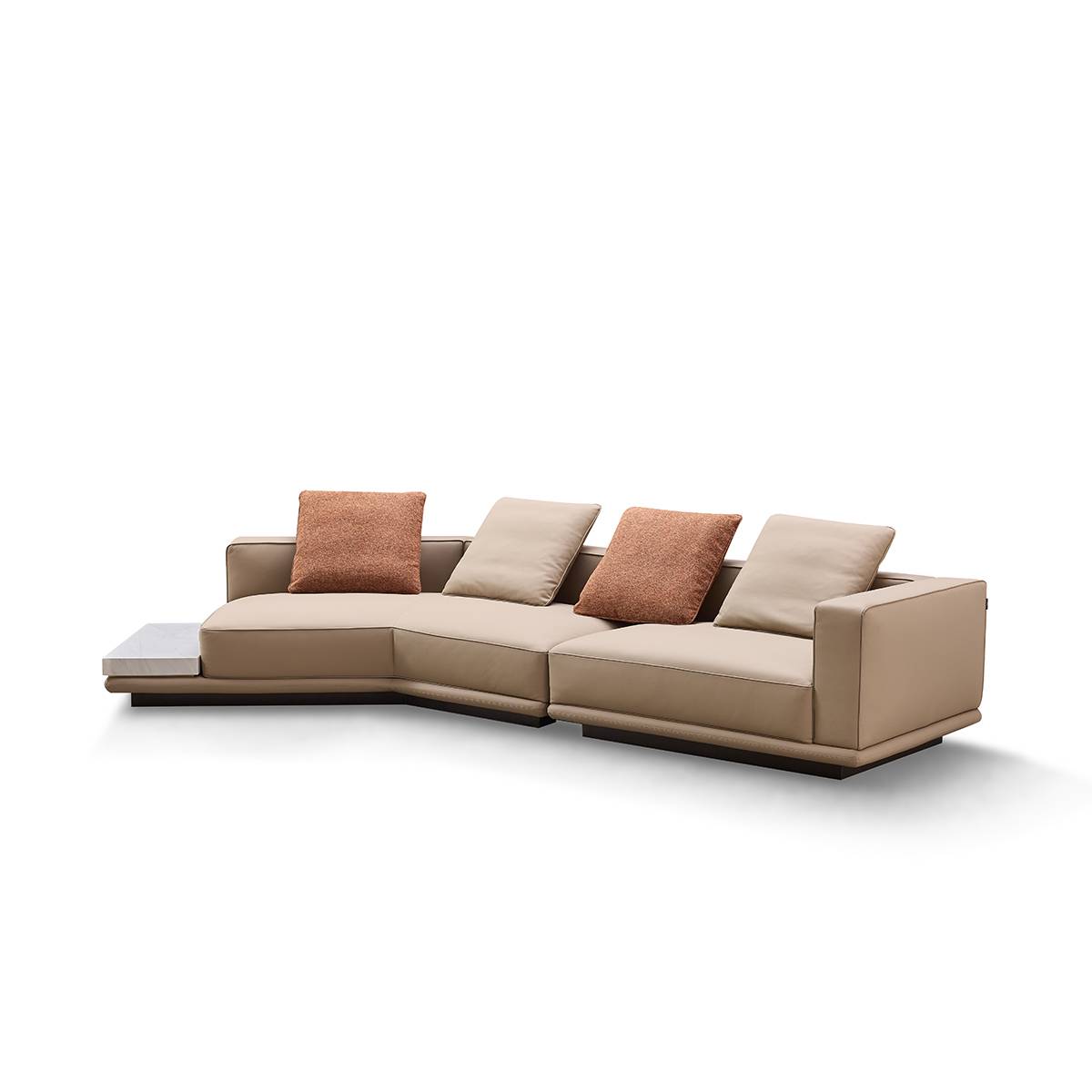 Side profile view of the beige sectional sofa showing the stainless steel base and cushion depth