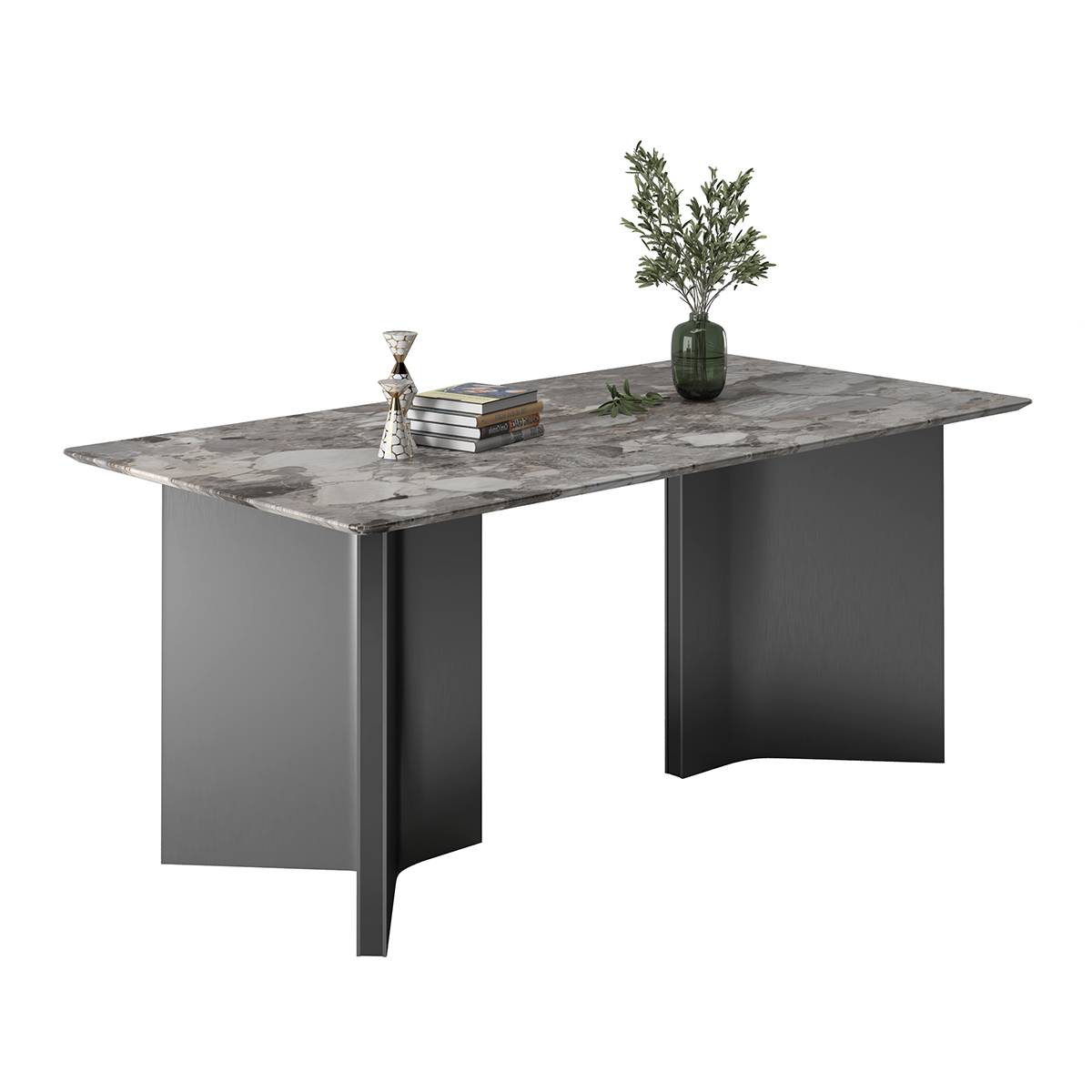 Studio shot of the dining table with grey marble top and black base
