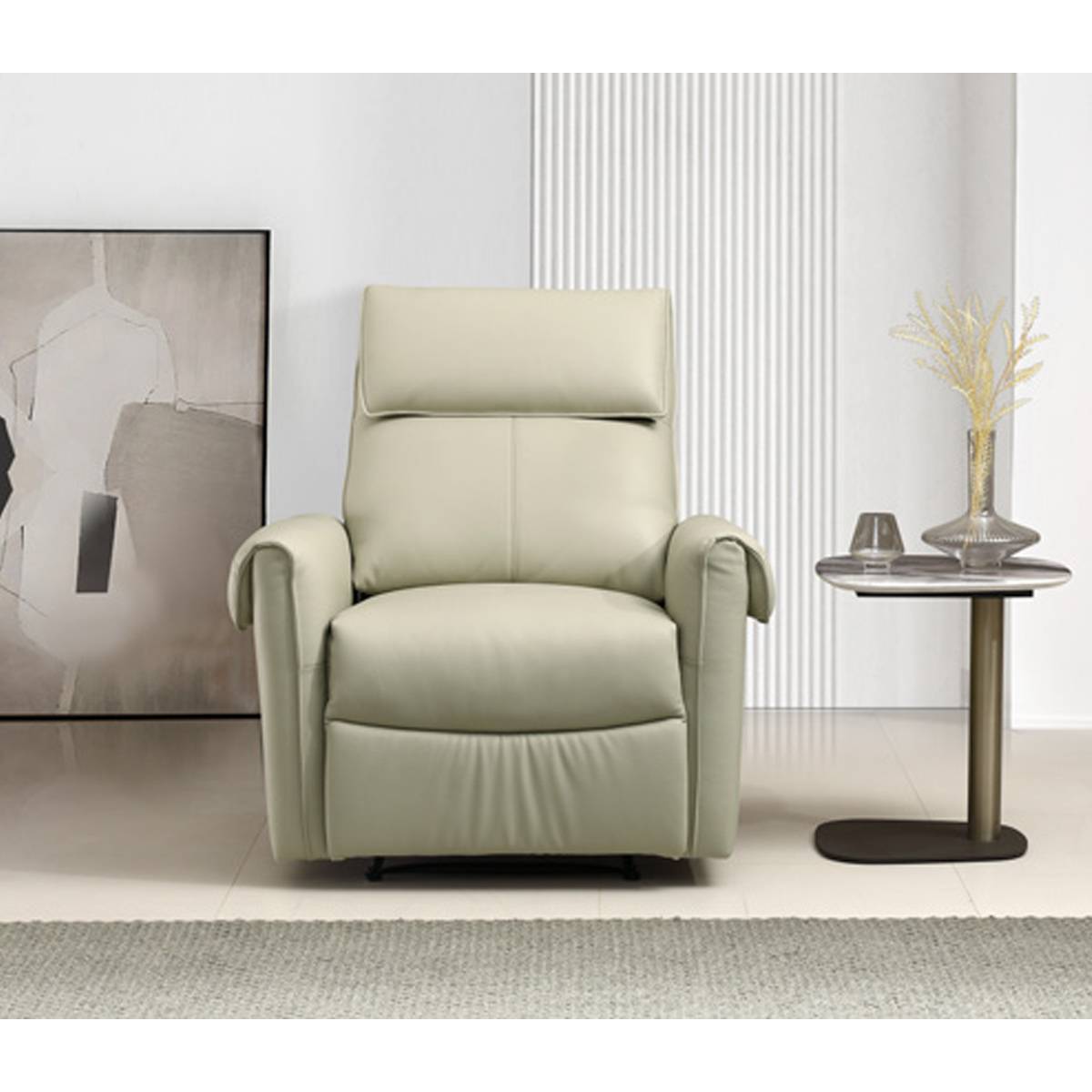 Front view of the beige leather manual recliner chair