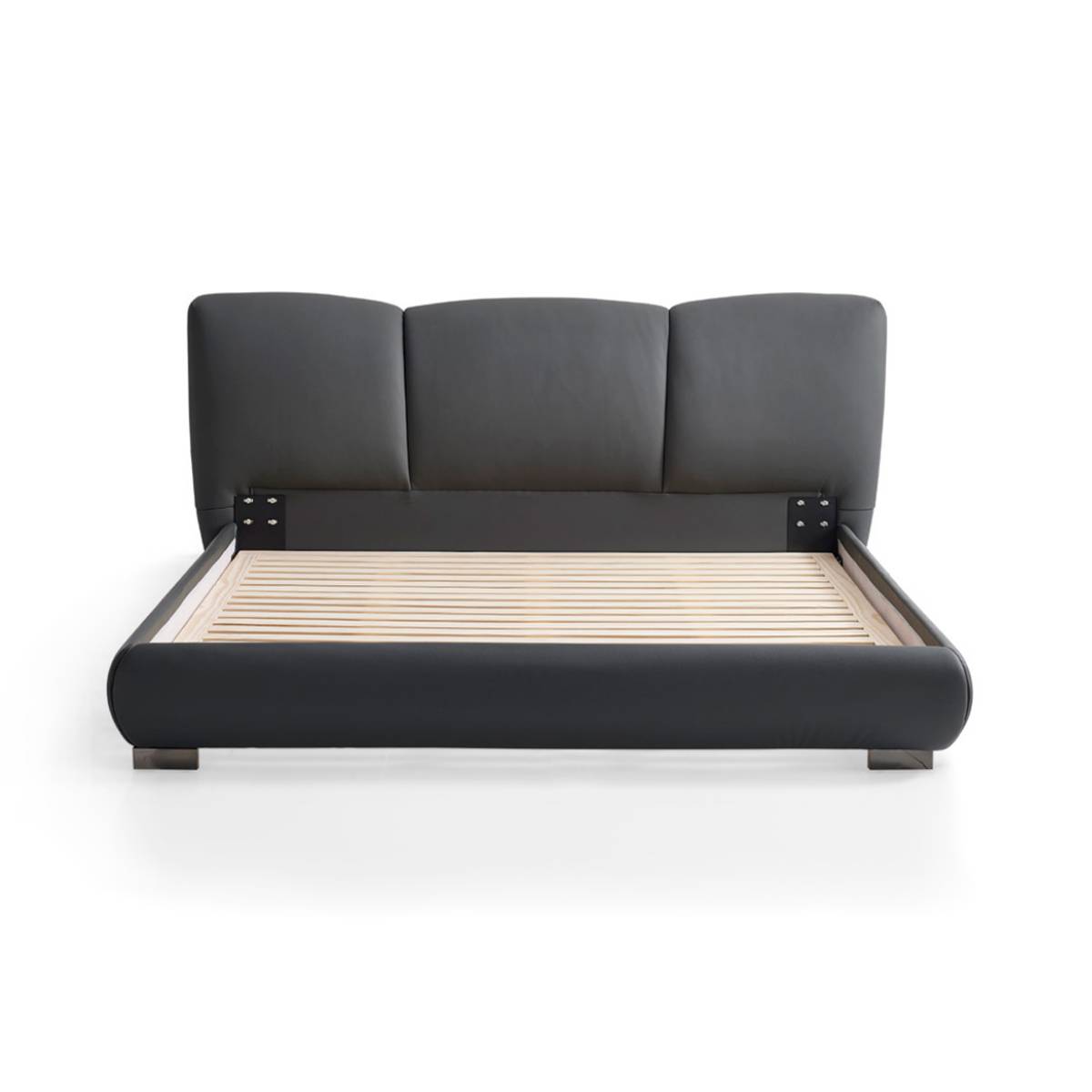 Front view of a grey leather soft bed with wooden slats