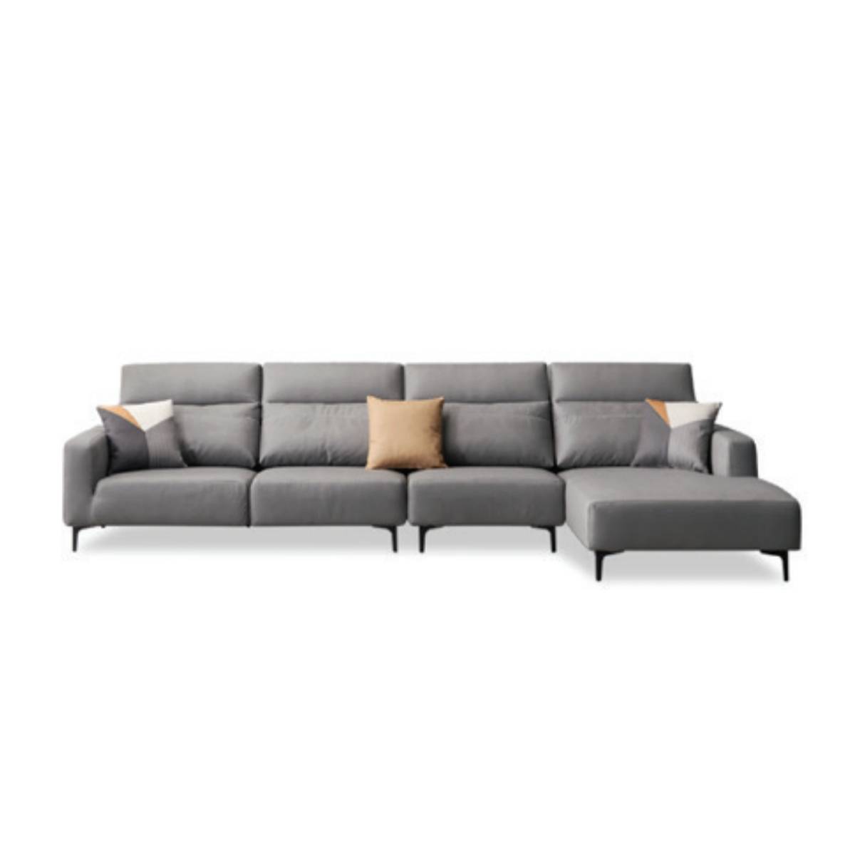 Front view of grey corner sofa with chaise lounge on white background