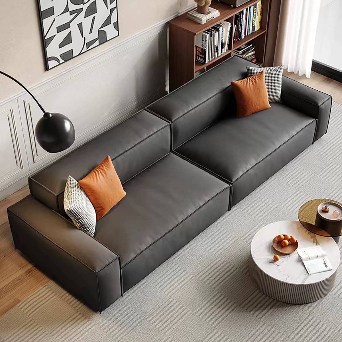 High-angle view of black modular block sofa
