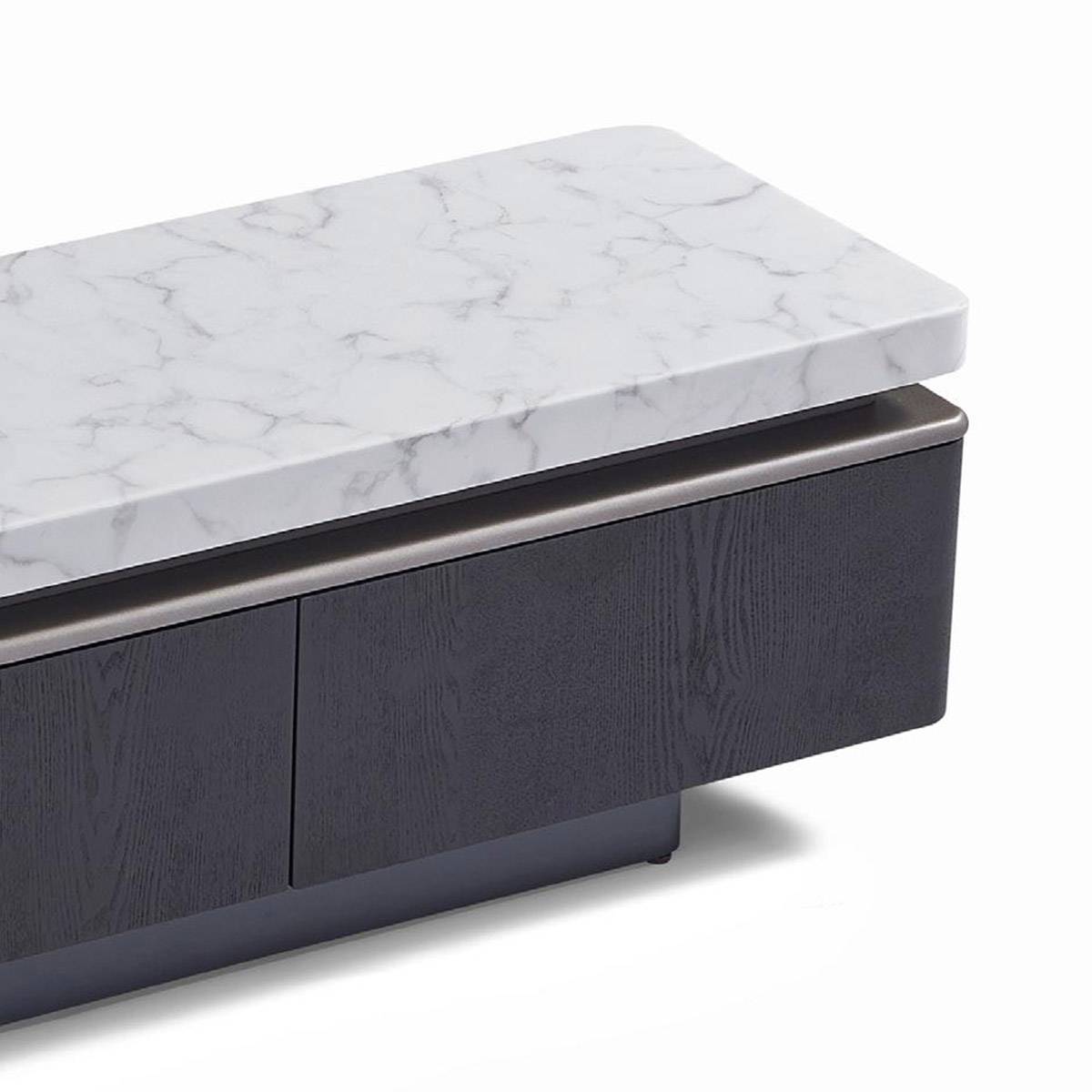 Close-up detail of the marble top and dark wood grain texture of the TV console