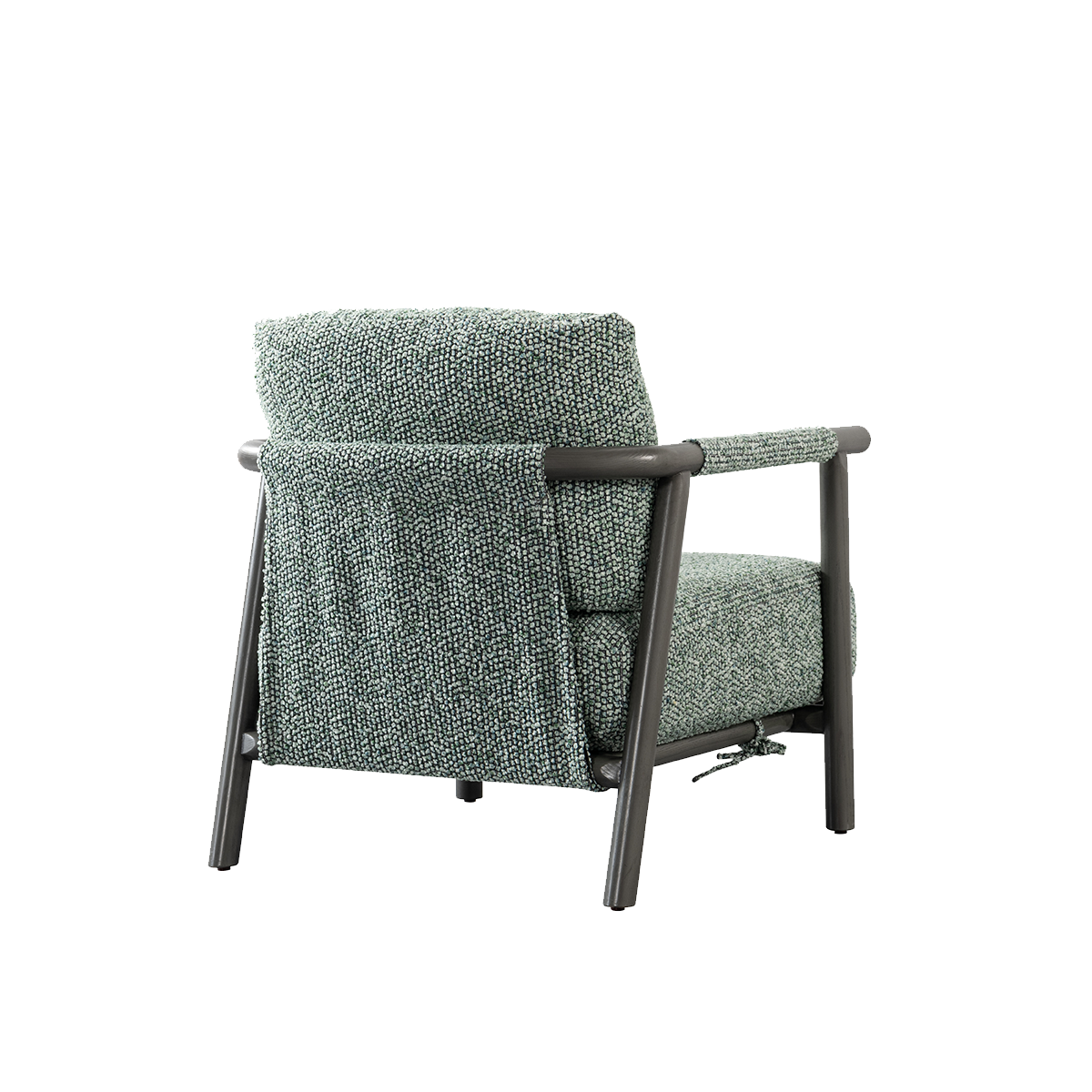 Rear side view showing the draped fabric back panel