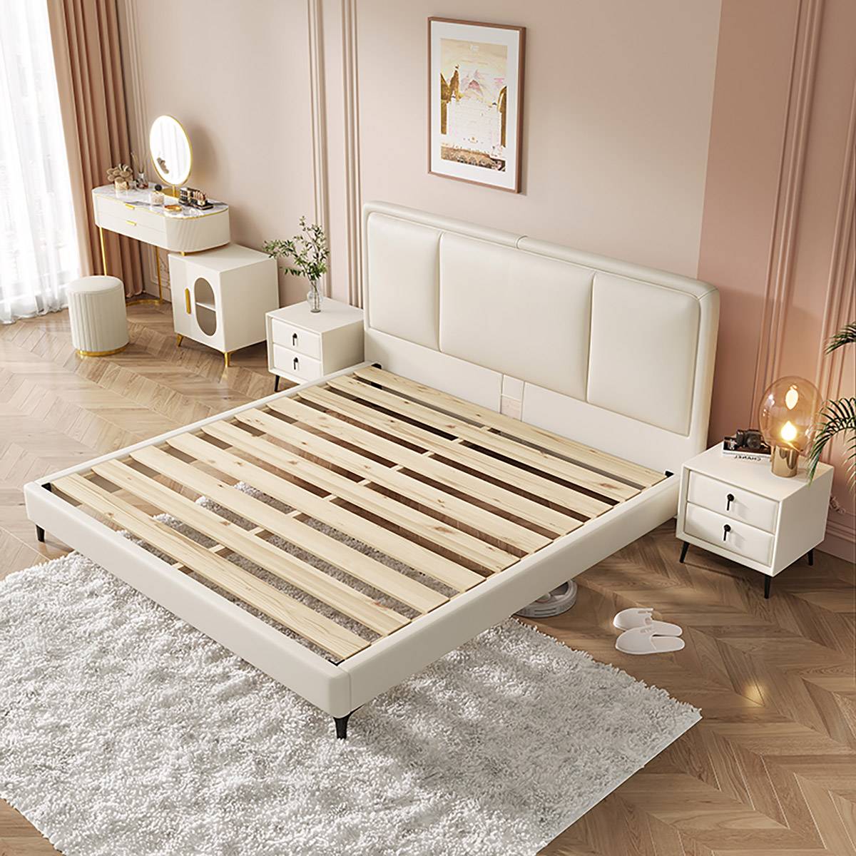 Bed frame showing the pine wood board support system