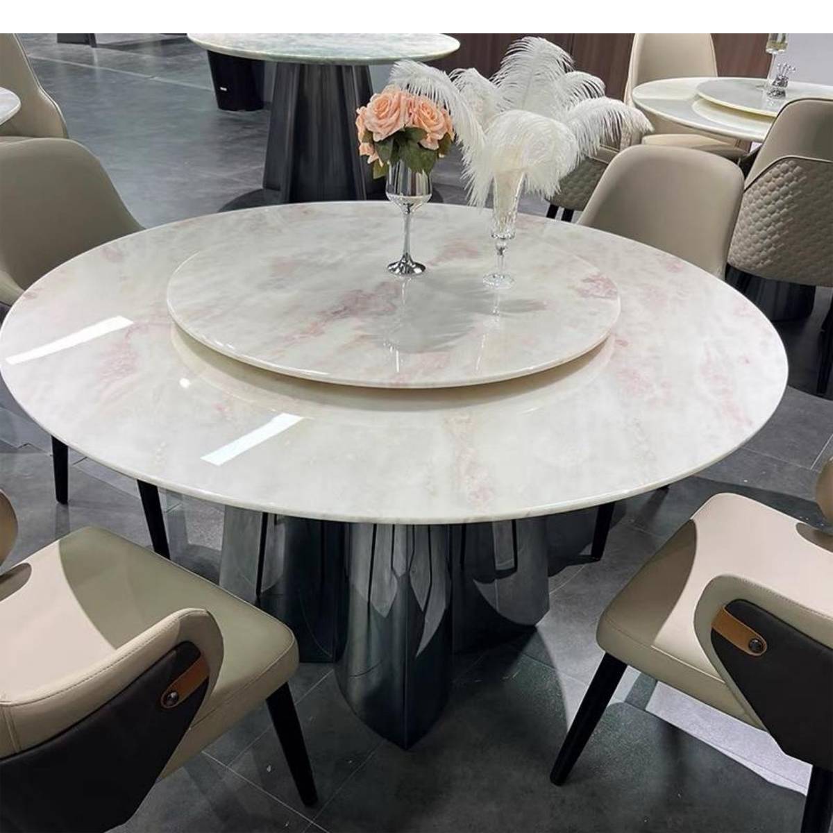 Fendi Pink/Rainbow Rose Natural Marble Round Dining Table with Stainless Steel Clover Base (Z60-S90)