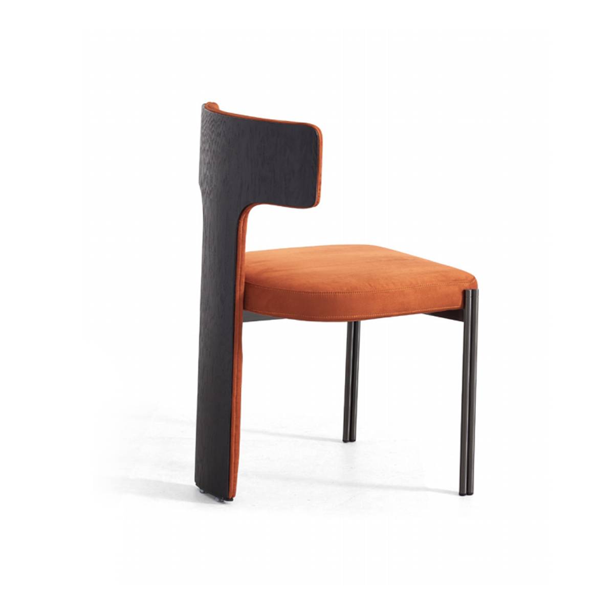 Side view of orange velvet dining chair showing T-shaped backrest