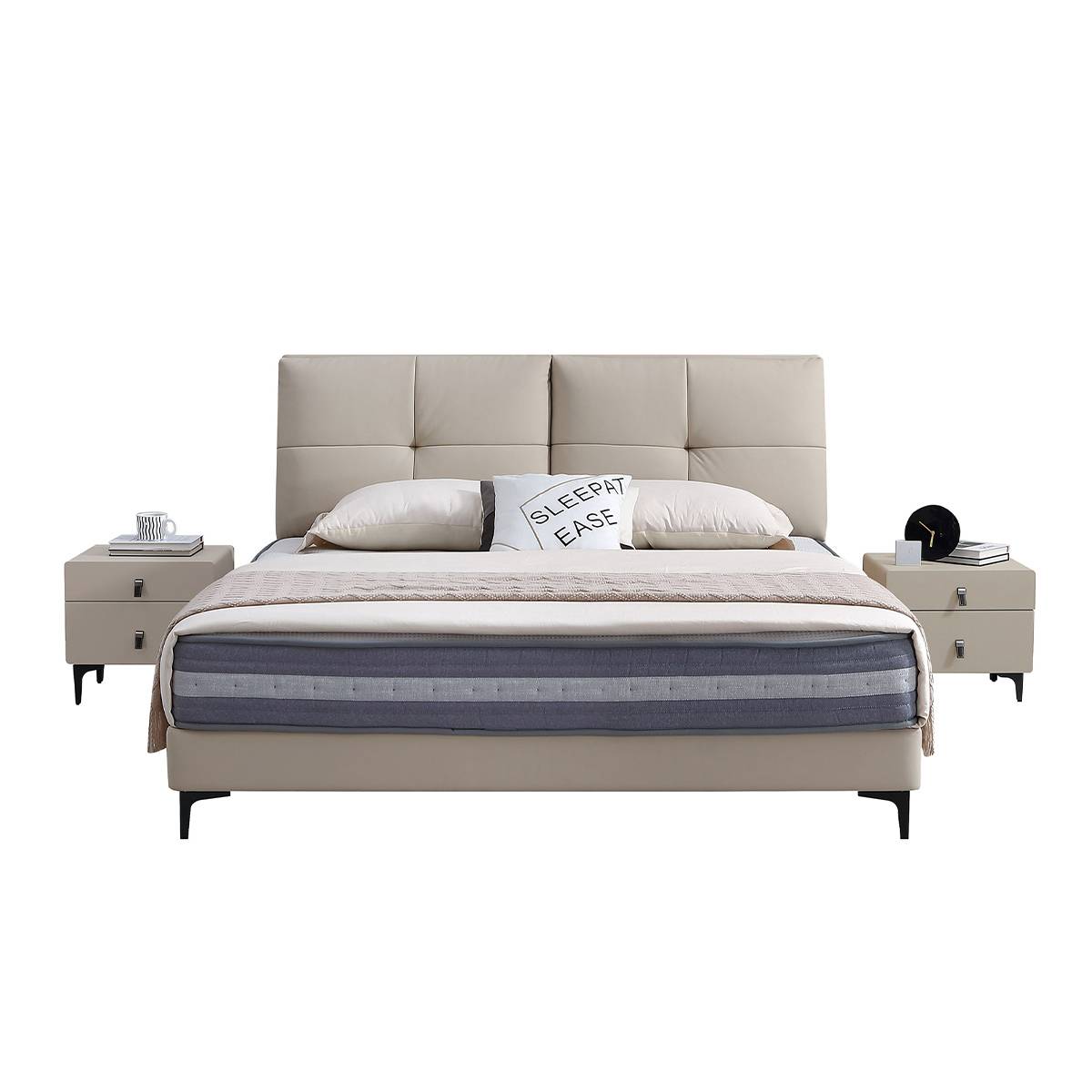 Front view of a beige leather soft bed with a padded headboard and black legs