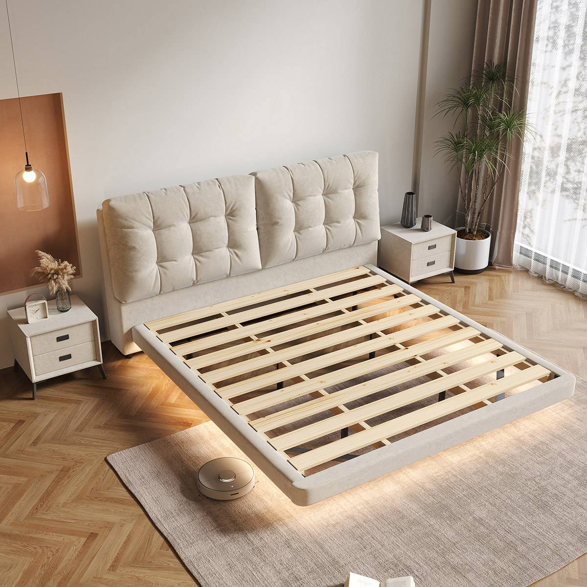 High-angle view showing the wooden slat base and frame structure of the floating bed.