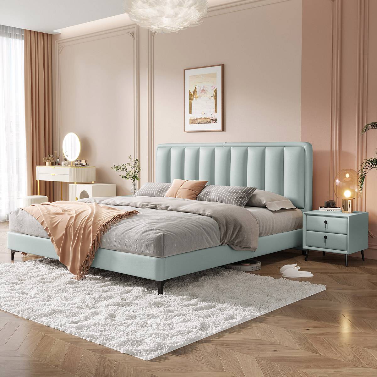 Light blue eco-leather tufted bed in a modern bedroom setting