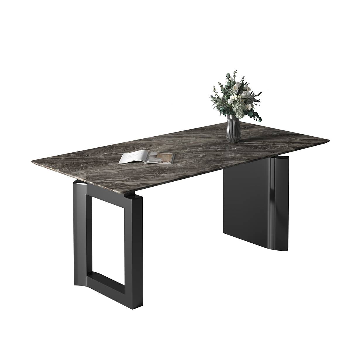 Grey marble dining table with black base on white background