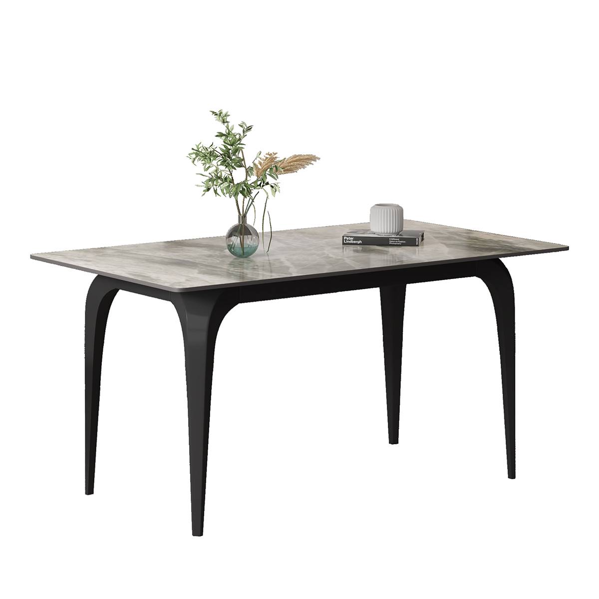Side view of the dining table with sintered stone top and black legs