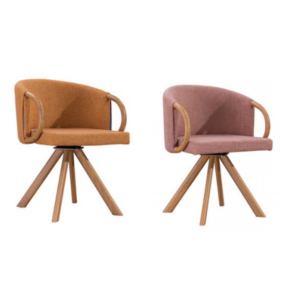 Orange and pink linen swivel armchairs with wooden frames