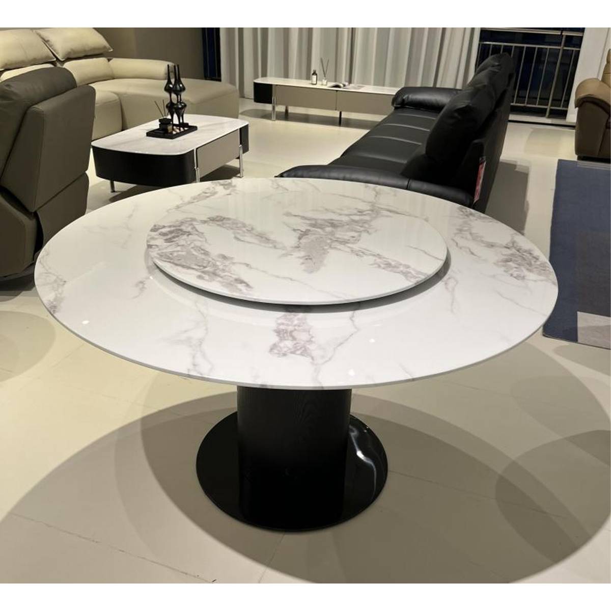 Side view of the marble dining table showing the rotating tray