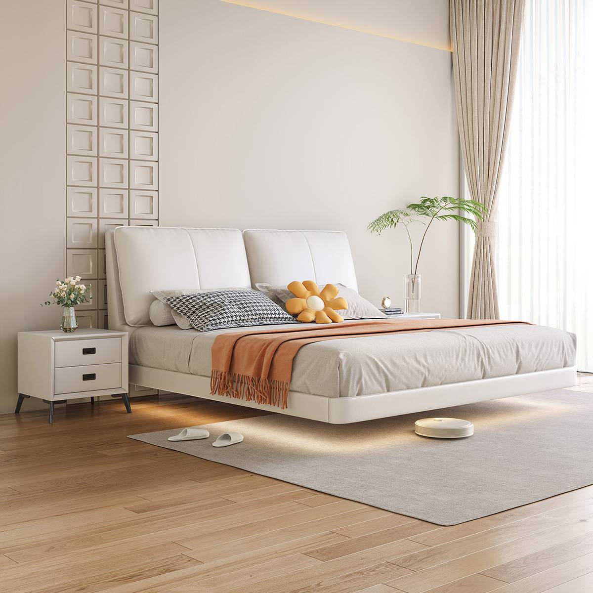 Side view of a white eco-leather floating bed with LED lighting underneath