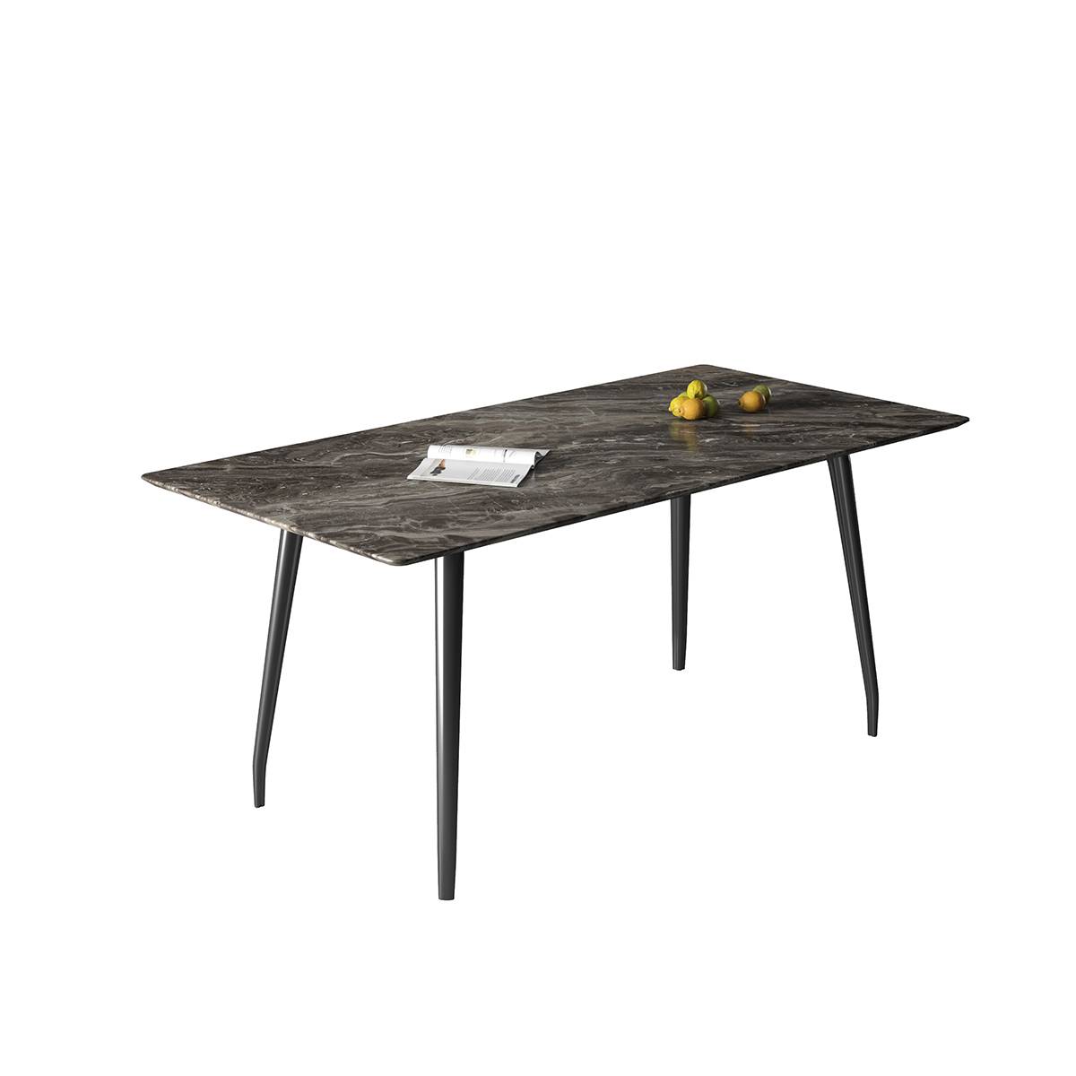 Product shot of the dining table with a dark grey marble top and black metal legs
