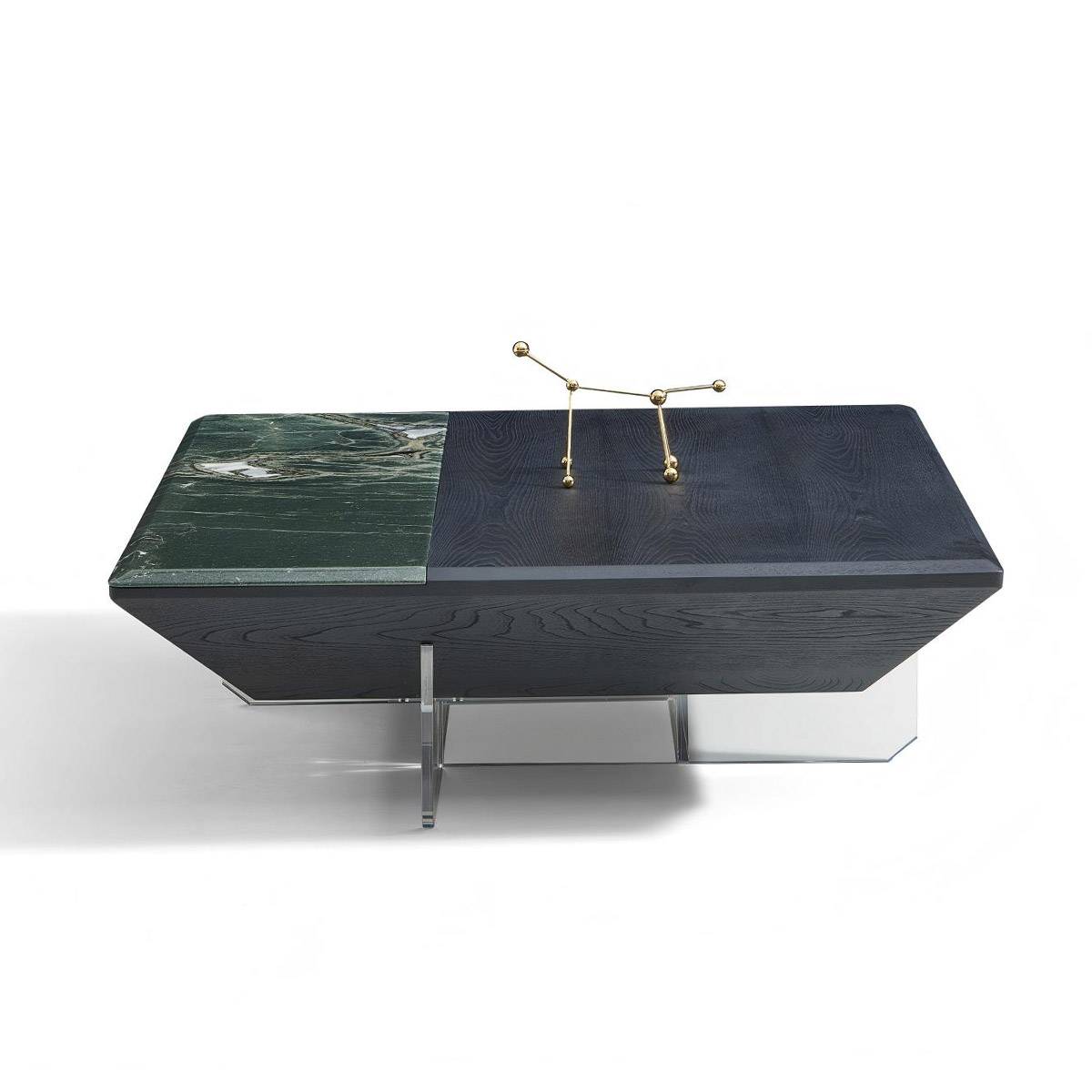 Front view of the coffee table showing the wood grain texture and acrylic leg structure.