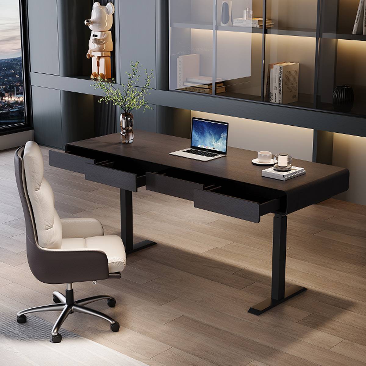 Angle view of the Z47 electric standing desk with drawers open.