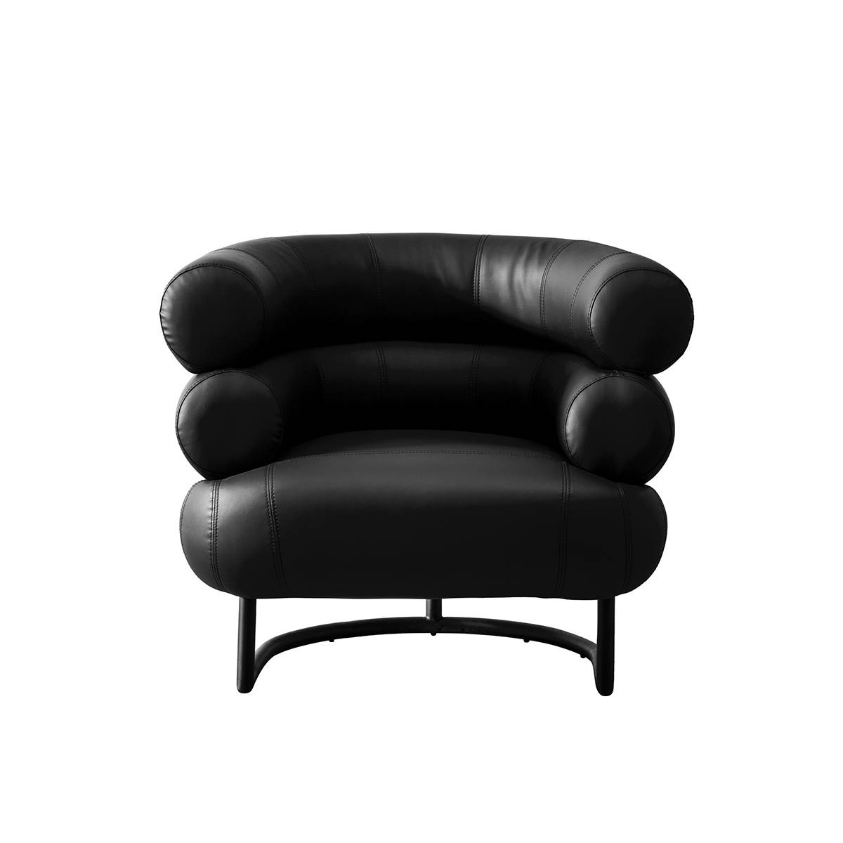 Front view of the black leather lounge chair showing the stacked cushion design