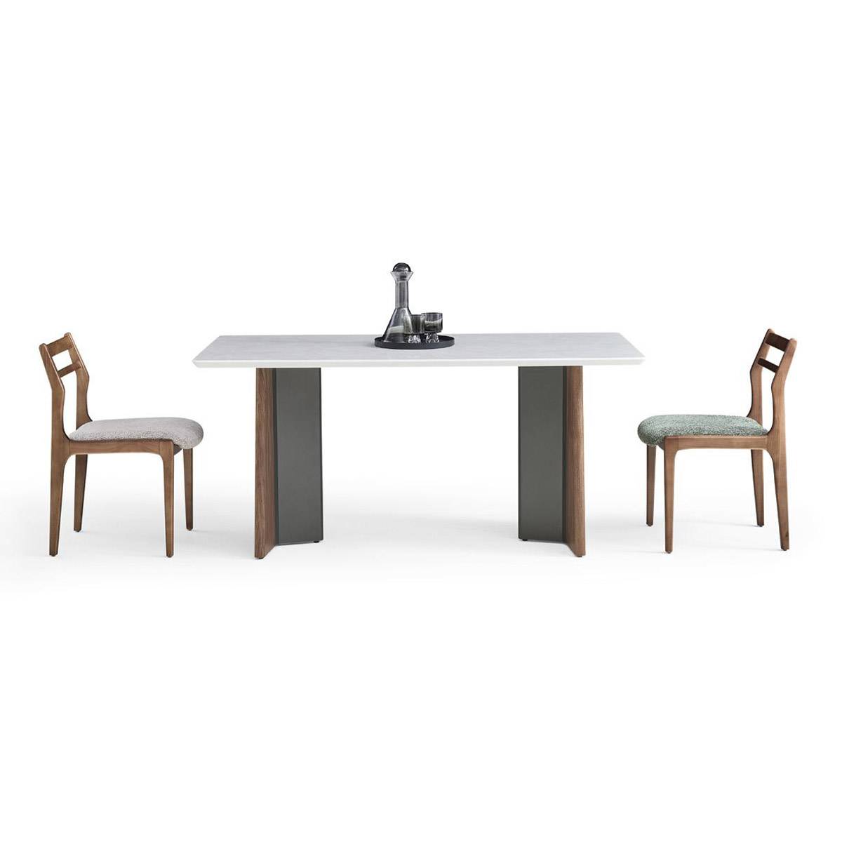 Front view of the dining table with two wooden chairs