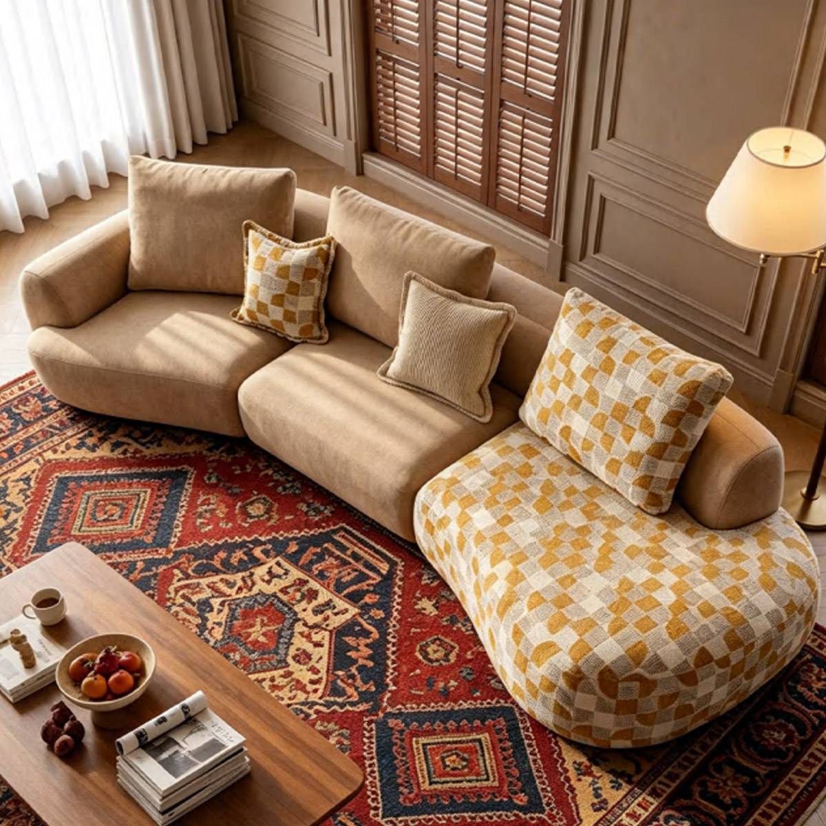 High-angle view of the curved sofa showing the geometric pattern on the chaise