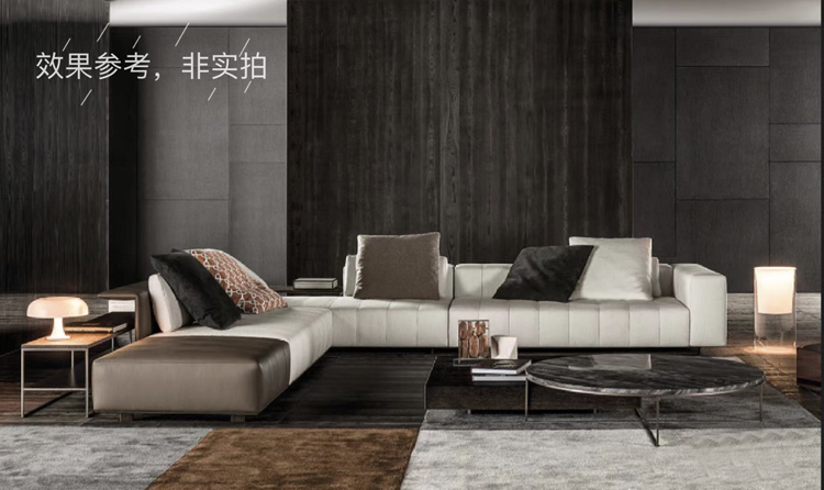 Beige fabric straight sofa with piano-key design in a modern living room setting