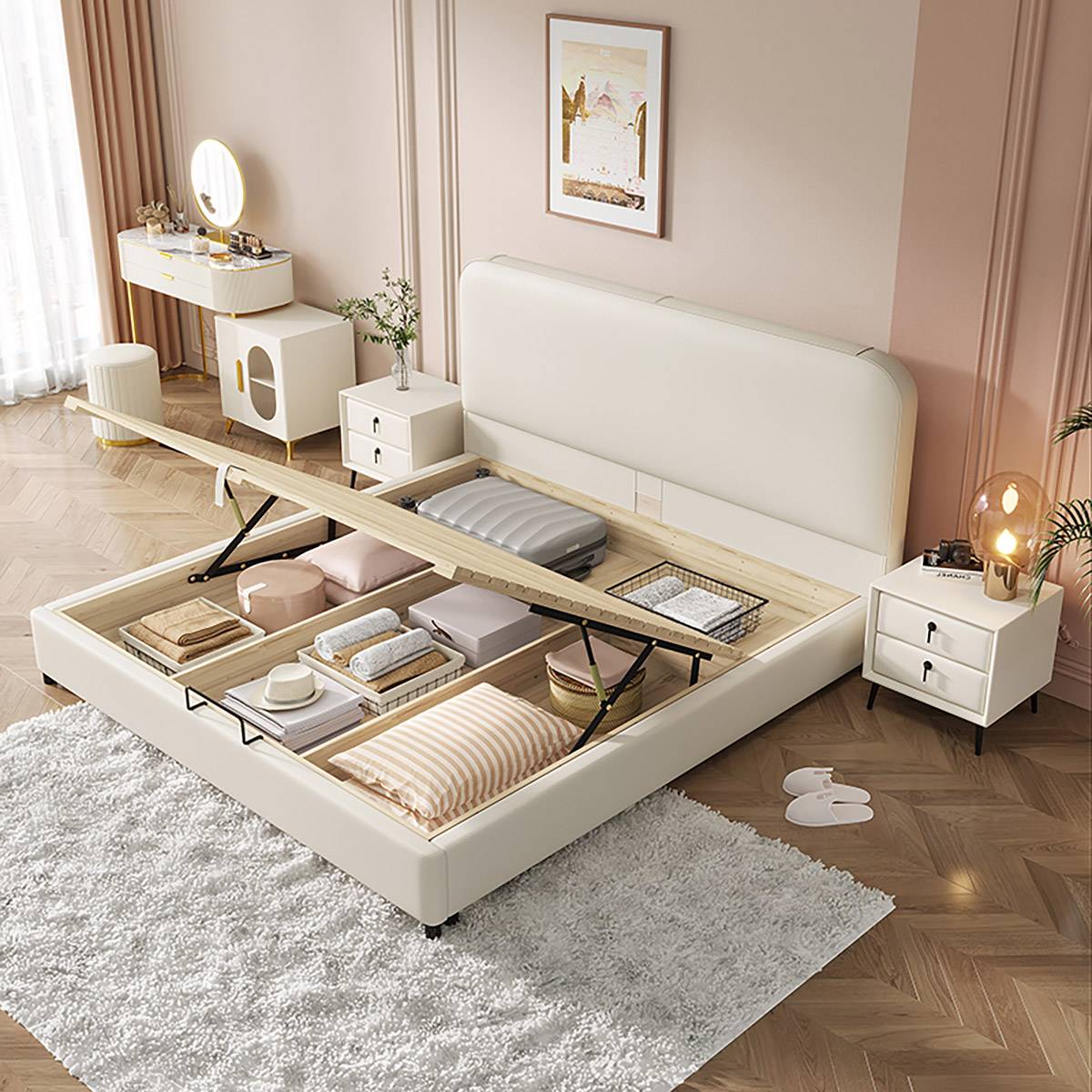 Grey upholstered bed with storage base in a modern bedroom setting