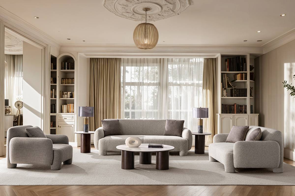 Living room setting featuring the Gabu sofa and armchair